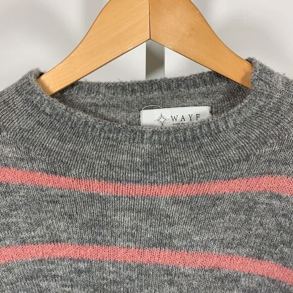WAYF Women’s Striped Front Tie Crew Neck Sweater Gray/Pink Size Medium - Picture 5 of 10
